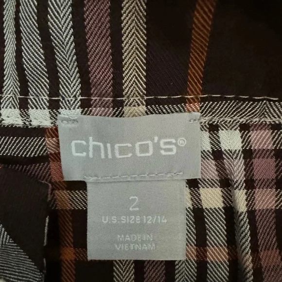 Chicos Chico’s Ruffle Button Front Blouse Sz L Brown Plaid Preppy Academia - Picture 7 of 13